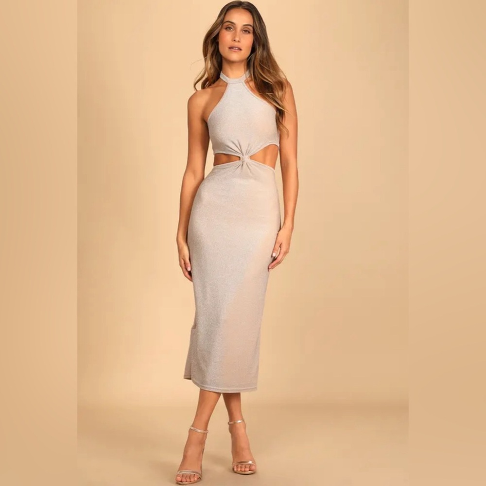 Glitter and Glam Sparkly Cut Out Cream Midi Dress